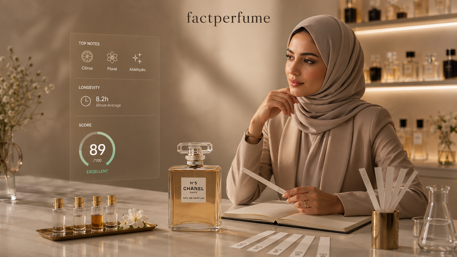Perfume bottles and fragrance testing strips